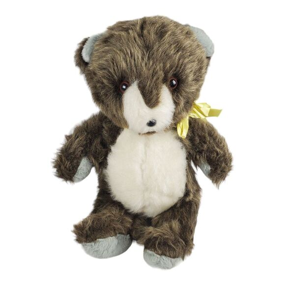 Teddy Bear Plush Brown Cream Furry Yellow Bow Fuzzy Loveable Stuffed Animal - Picture 1 of 9